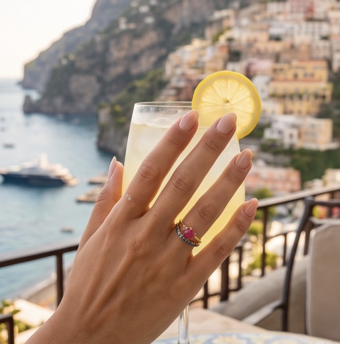 Scarlett 0.7 ctw Mozambique Ruby .925 Sterling Silver handcrafted Statement Ring size 8 - Ruby ring worn on hand, holding a drink with a scenic coastal backdrop