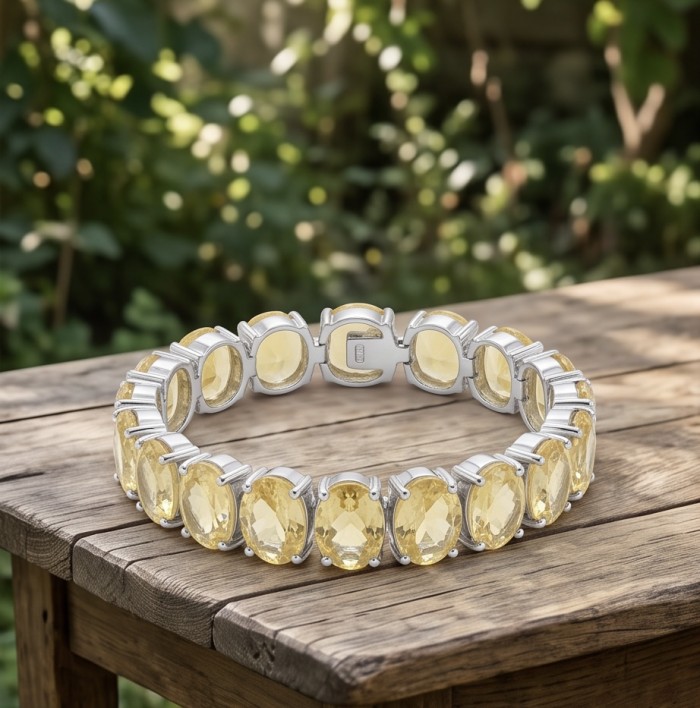 Enchanted Beauty oval cut 68.5 carat authentic Brazilian Citrine rhodium over .925 Sterling Silver handcrafted Bracelet - Enchanted Beauty Brazilian Citrine bracelet on wood table