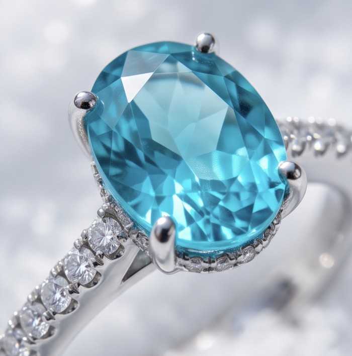 Wonderland 4.1 carat Paraiba Tourmaline .925 Sterling Silver Handcrafted Ring size 8 1/4 - Close-up of 4.1 carat Paraiba Tourmaline on sterling silver ring.