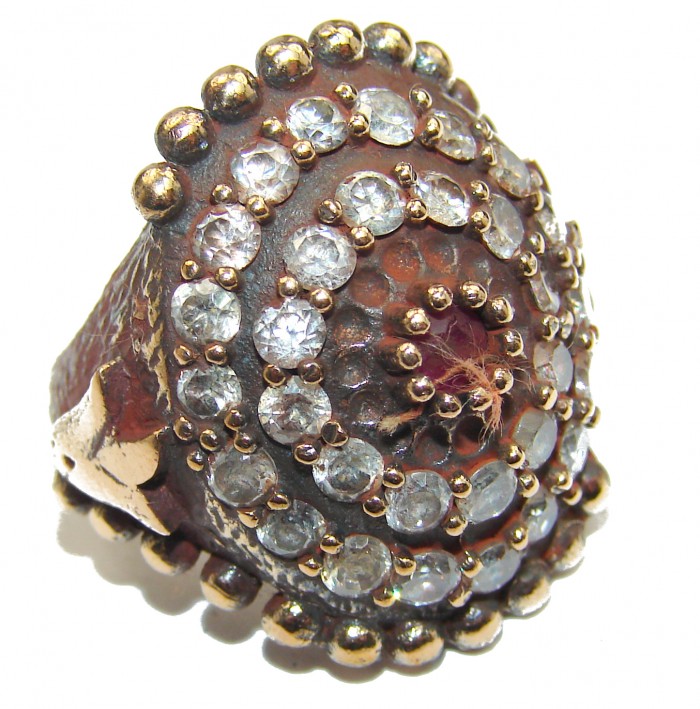 Large Victorian Style created Ruby & White Topaz Sterling Silver ring; s. 5 - photo 1