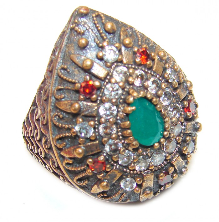 Victorian Style created Emerald & White Topaz Copper over Sterling Silver ring; s. 7 1/4 - photo 1