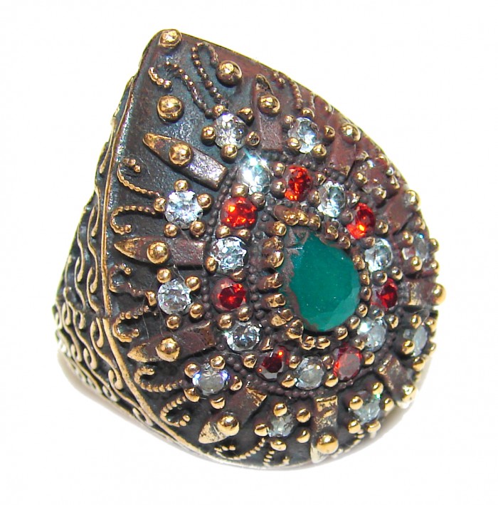Victorian Style created Emerald & White Topaz Copper over Sterling Silver ring; s. 7 1/4 - photo 1