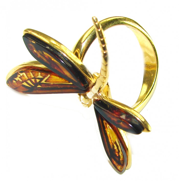 Butterfly Authentic Baltic Amber 14K Gold over .925 Sterling Silver handcrafted ring; s. 8 adjustable - photo 1