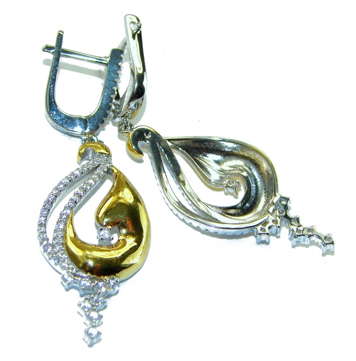 Elegance 4.2 carat White Topaz 14K Gold over .925 Sterling Silver handcrafted Earrings - Close-up of Elegance earrings with gold and white topaz details.
