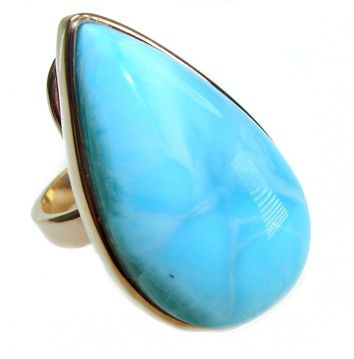 Blue Perfection AAA QUALITY Blue Larimar 18K Rose Gold over .925 Sterling Silver handmade Large ring size 7 adjustable - Close-up of blue Larimar ring in 18K rose gold setting.