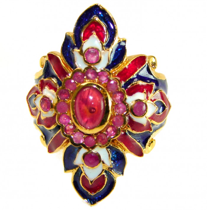 Magnificent 6.8 carat Natural Ruby Enemel 18K Gold over . 925 Sterling Silver handcrafted Statement Ring size 7 - Close-up of detailed ruby enamel ring in 18K gold with floral design.