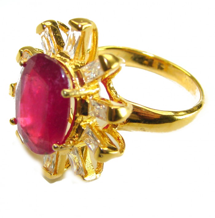 Natural 14.5 carat Ruby from Madagascar .925 Sterling Silver dipped in 22K Gold handmade Large Statement Ring size 8 - Side view of gold ring with large ruby and clear accents