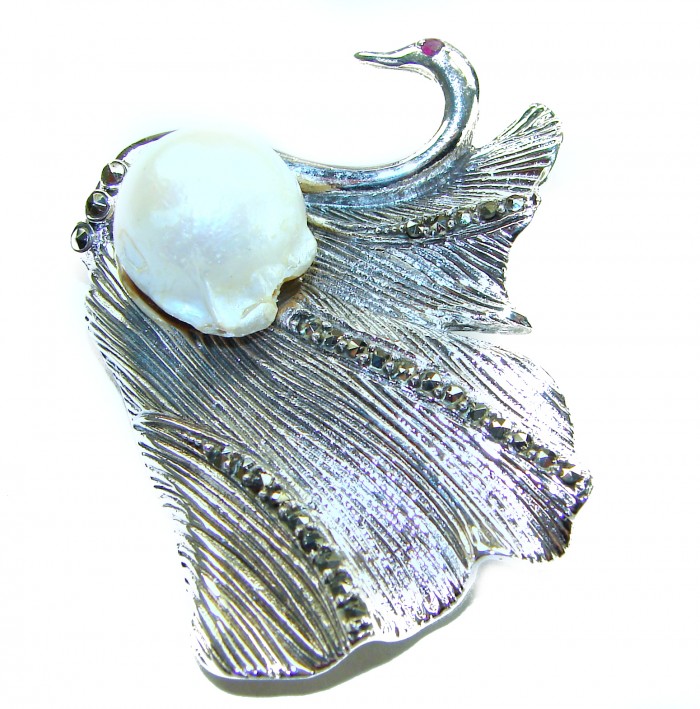 Perfect Swan Mother of Pearl Ruby .925 Sterling Silver handmade Pendant Brooch - Swan brooch with pearl and ruby detail, textured sterling silver.