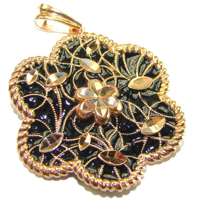Dubai Style - Golden Flowers black enamel .925 Sterling Silver dipped in 22K Rose Gold handmade Pendant - Pendant close-up: black enamel with golden floral design.