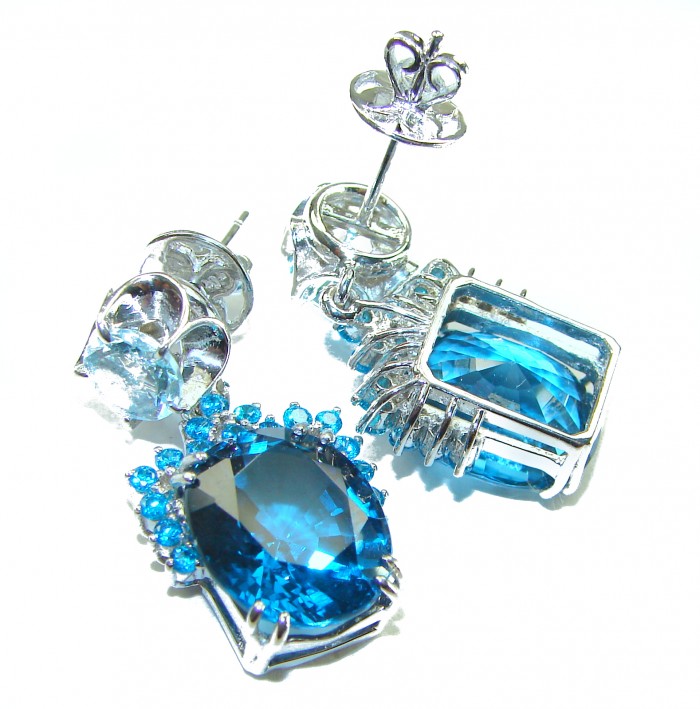Andrea 24.5 carat London Blue Topaz Aquamarine .925 Sterling Silver handmade earrings - Close-up of Andrea 24.5 carat blue topaz sterling silver earrings