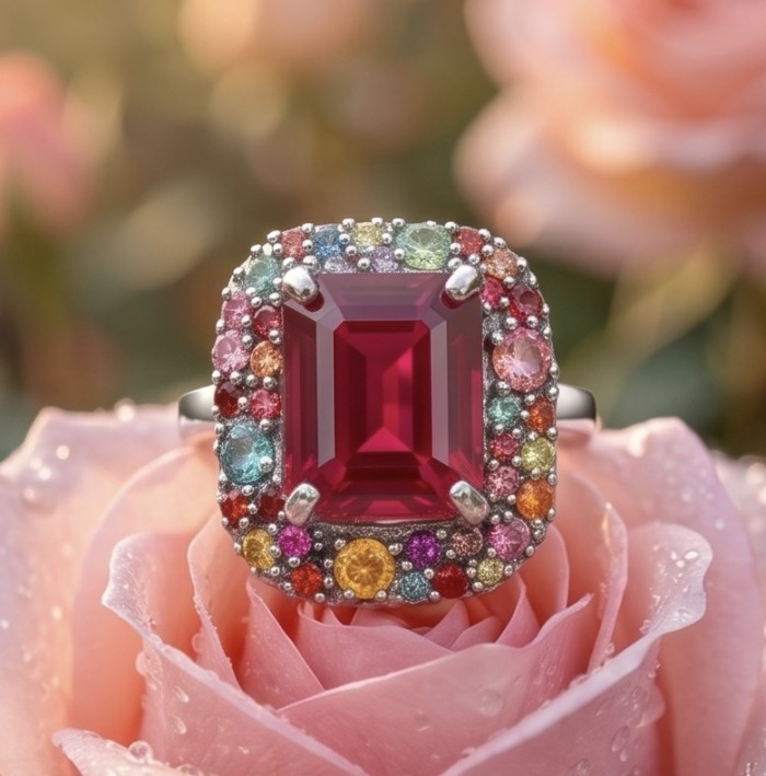 Rose Garden Natural 12.8 carat Ruby multicolor Sapphire .925 Sterling Silver dipped rhodium handmade Statement Ring size 7 1/4 - Close-up of a ruby ring with multicolor sapphires on a rose background.