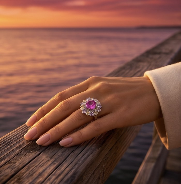 Anastasia 25.2 carat Pink Sapphire .925 Sterling Silver dipped in Rhodium Handcrafted Statement Ring size 7 - Pink Sapphire ring on hand by sunset, 25.2 carat, sterling silver dip