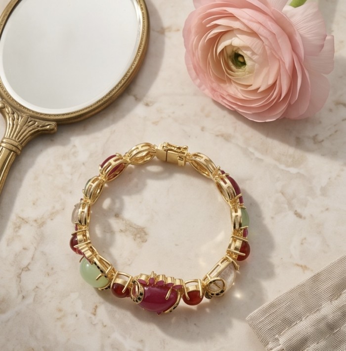 Mademoiselle 41.2 carat Mozambique Ruby Golden Sapphire .925 Sterling Silver dipped in 18K Gold Statement bracelet - Mademoiselle bracelet on marble, top view, floral backdrop