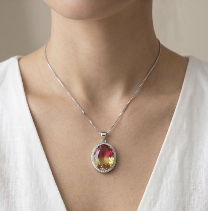 Spectacular 14.2 carat COLOR - changing Alexandrite .925 Sterling Silver handcrafted Pendant - Worn Alexandrite pendant necklace, front view