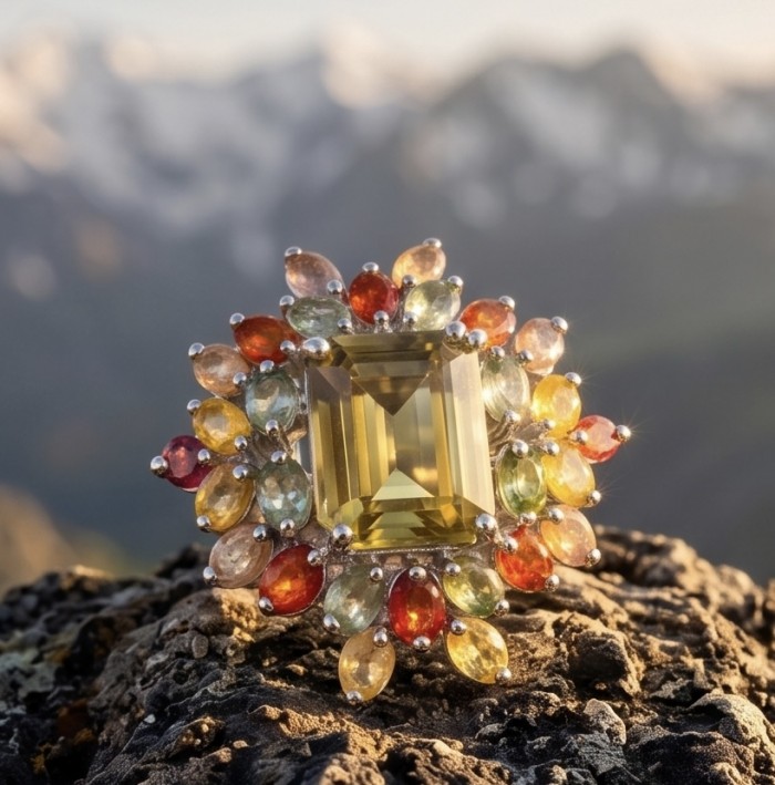 Costa del Sol 18.8 carat Genuine Lemon Quartz Sapphire .925 Sterling Silver handcrafted ring size 7 1/2 - Close-up of Costa del Sol 18.8 carat Lemon Quartz Sapphire ring.