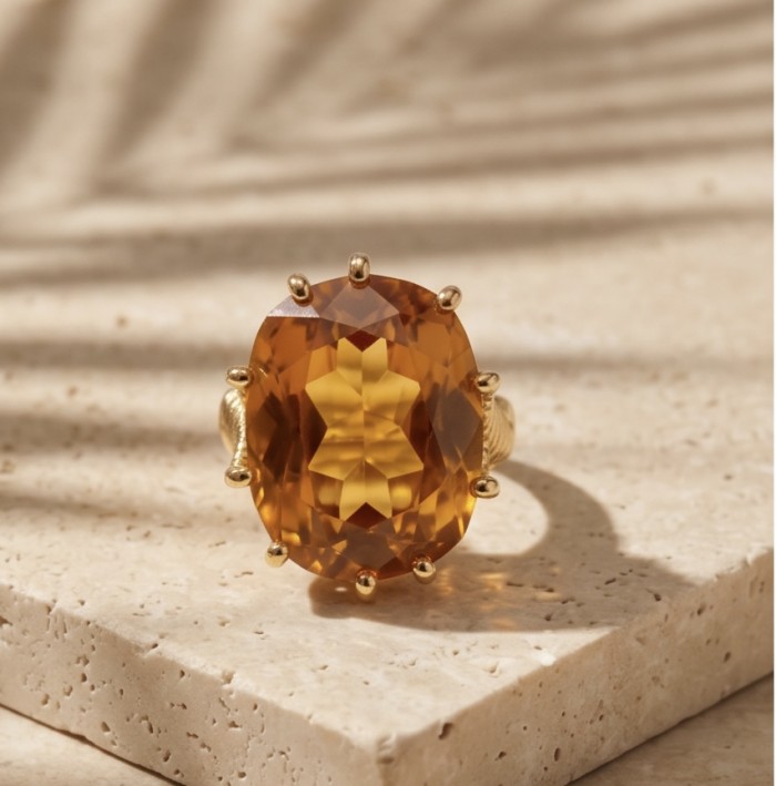 22.8 carat Genuine Heliodor 18K Gold over .925 Sterling Silver handcrafted ring size 10 - Close-up of 22.8 carat Heliodor ring in 18K gold over sterling silver.