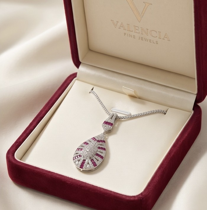 Art Deco - Izabella Luxurious natural 4.9 carat Ruby .925 Sterling Silver handmade necklace - Art Deco ruby necklace in velvet box, top view.