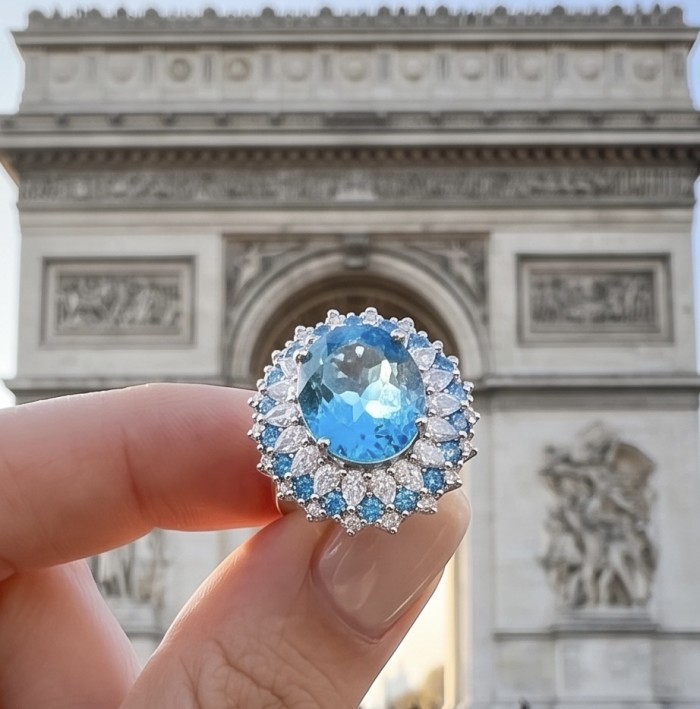 Paris Sky Blue 8.8 carat Swiss Blue Topaz .925 Sterling Silver dipped in rhodium handcrafted ring size 7 - Close-up of a blue topaz ring held in front of the Arc de Triomphe.