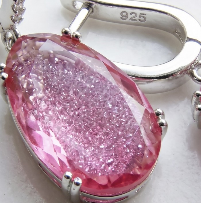 Angelina 14.9 carat authentic Pink Tourmaline .925 Sterling Silver Handcrafted Earrings - Close-up of pink tourmaline stone set in .925 sterling silver clasp.
