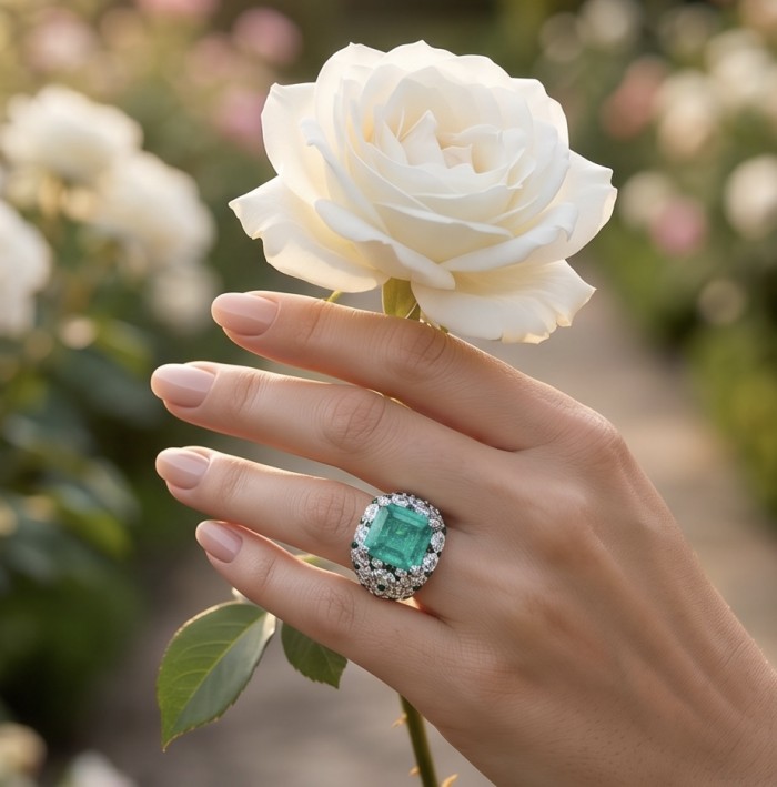 Scarlett 39.7 ctw Colombian Emerald .925 Sterling Silver dipped in 18K WHITE Gold handcrafted Statement Ring size 8 1/4 - Woman's hand with Scarlett emerald ring holding a white rose