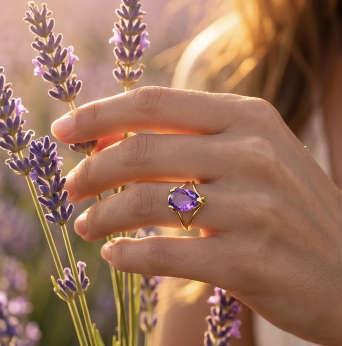 Lavender Love 10.5 carat natural Amethyst 18K Gold over .925 Sterling Silver Handcrafted Ring size 10 1/4 - Amethyst ring in lavender field, worn on hand, side view.