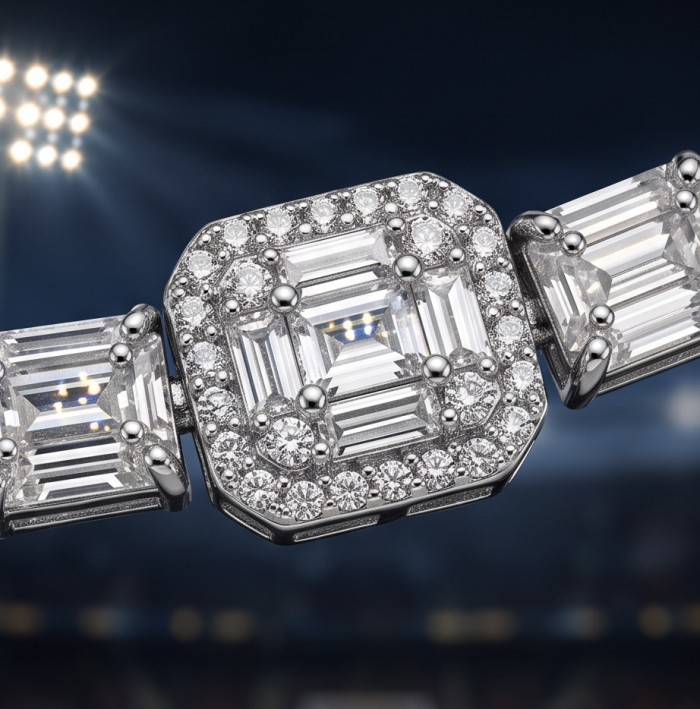 Mademoiselle 10.2 carat Moissanite .925 Sterling Silver Statement Bracelet - Stone close-up of Mademoiselle 10.2 carat Moissanite in silver setting.