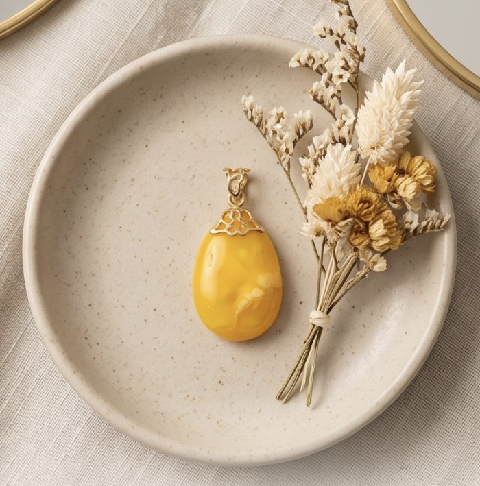 Prehistoric Authentic Baltic Amber REAL 14k Gold beautifully handcrafted Pendant - Amber pendant with gold filigree detail on round plate with dried flowers.