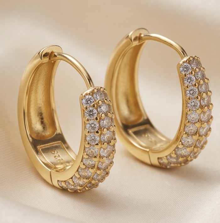 Dubai Style - 0.8 carat White Topaz .925 Sterling Silver dipped in 18K Gold handmade Earrings - Gold hoop earrings with white topaz, showcasing side and stone detail.