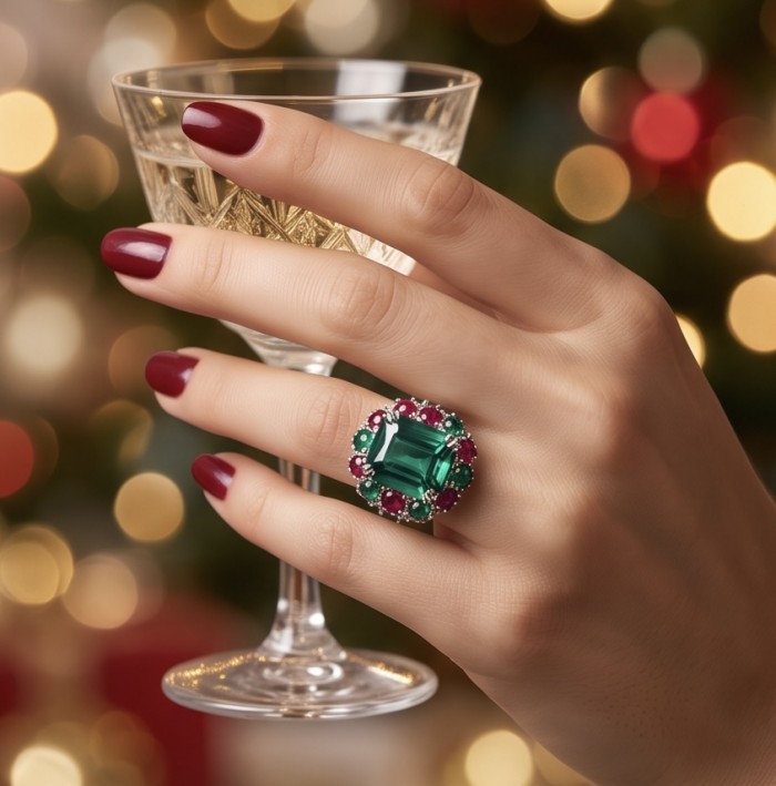Natural 41.5 carat carved Emerald Ruby Sapphire rhodium over .925 Sterling Silver handcrafted ring size 7 1/4 - Emerald and ruby ring worn on hand holding a crystal glass, festive backdrop.