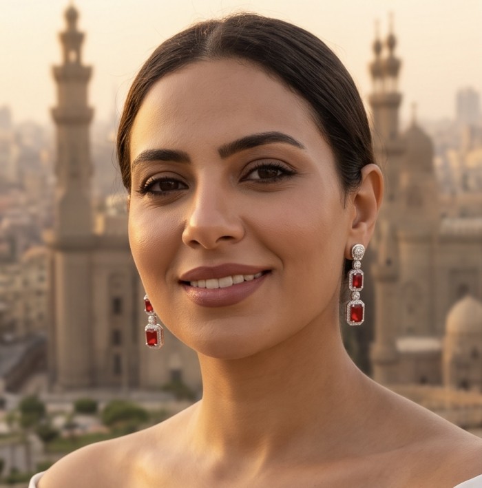 Exquisite 9.4 ctw Mozambique Ruby .925 Sterling Silver handcrafted Statement earrings - Woman wearing Mozambique Ruby earrings with a skyline background.