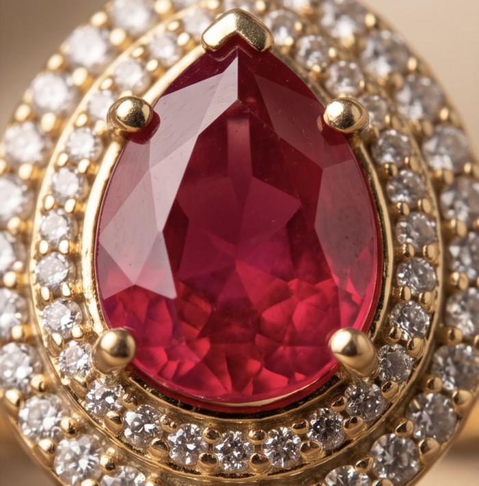 Scarlett - great quality! 12.4 ctw Mozambique Ruby .925 Sterling Silver dippedin 22K Gold handcrafted Statement Ring size 6 - Stone close-up of gold ring with Mozambique ruby and diamonds.