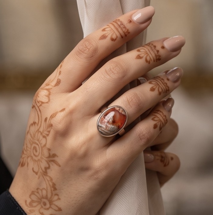 Bonfire Night best quality 22.5 carat Mexican Opal rhodium over .925 Sterling Silver handmade ring 8 - Hand with floral henna design wearing Mexican Opal ring