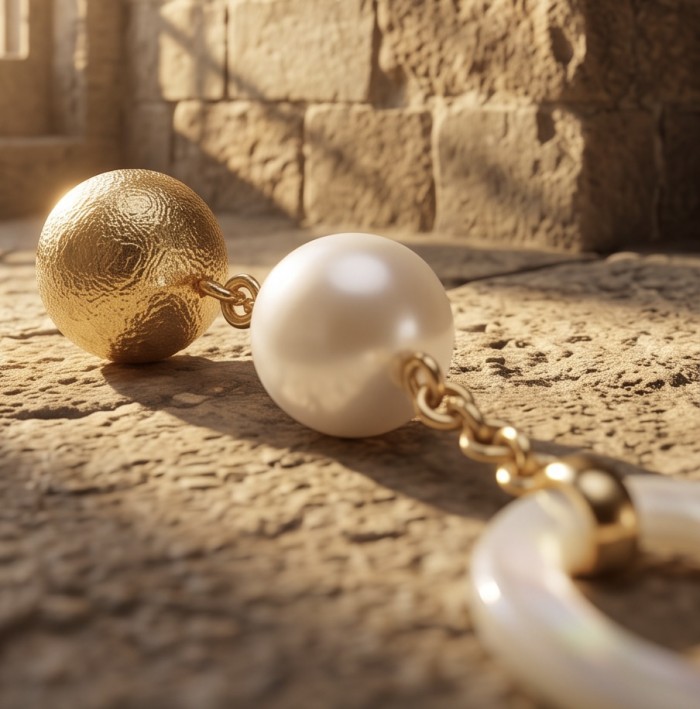 Genuine Blister Pearl lab grown Diamond 18K Gold over .925 Sterling Silver handcrafted Statement Earrings - Close-up of gold and pearl detail on stone surface, warm lighting