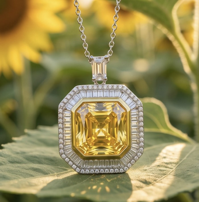 Art Deco - Luxurious asscher cut 14.7 carat Yellow Sapphire rhodium over .925 Sterling Silver handcrafted necklace - Close-up of Art Deco yellow sapphire pendant on a sunflower background.
