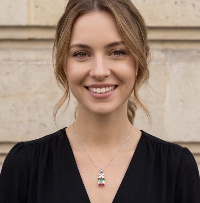 Isabella 5.2 carat emerald cut Brazilian Tourmaline .925 Sterling Silver Perfectly handcrafted Statement Ring size 8 - Model wearing Isabella emerald cut Brazilian Tourmaline necklace.