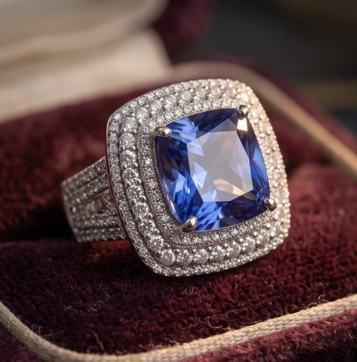 Emily asscher cut 10.7 carat Tanzanite .925 Sterling Silver handmade Statement ring size 6 - Close-up of asscher cut Tanzanite ring in a velvet box.