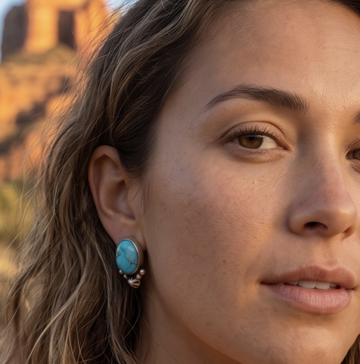 Great authentic Sleeping Beauty Turquoise .925 Sterling Silver handcrafted Earrings - Turquoise earring worn, side view close-up, natural background.