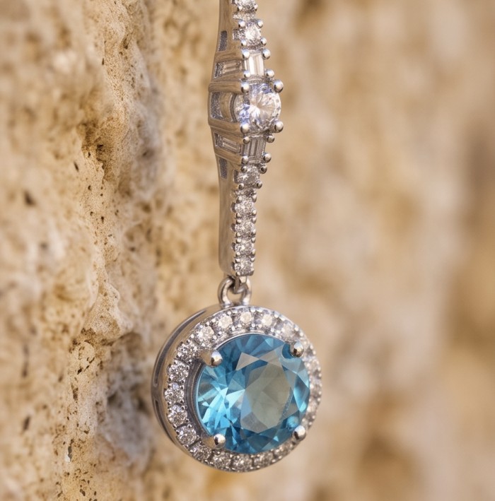 Atlantica - 4.7 carat Emerald .925 Sterling Silver dipped in Rhodium Handcrafted Statement earrings - Close-up of Atlantica emerald pendant in sterling silver setting.