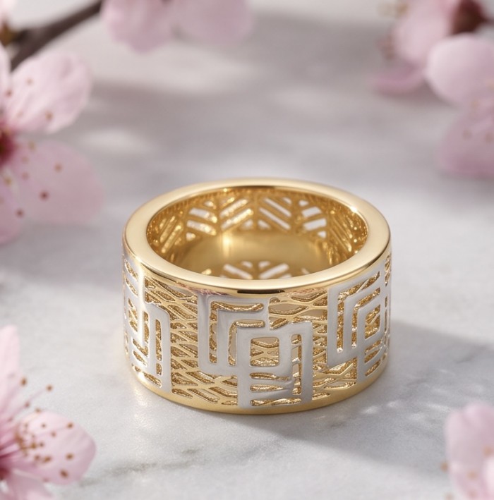 Secret code Precious Natural 18K Gold over .925 Sterling Silver Women ring size 8 - 18K gold ring with geometric design, side view, cherry blossoms background.