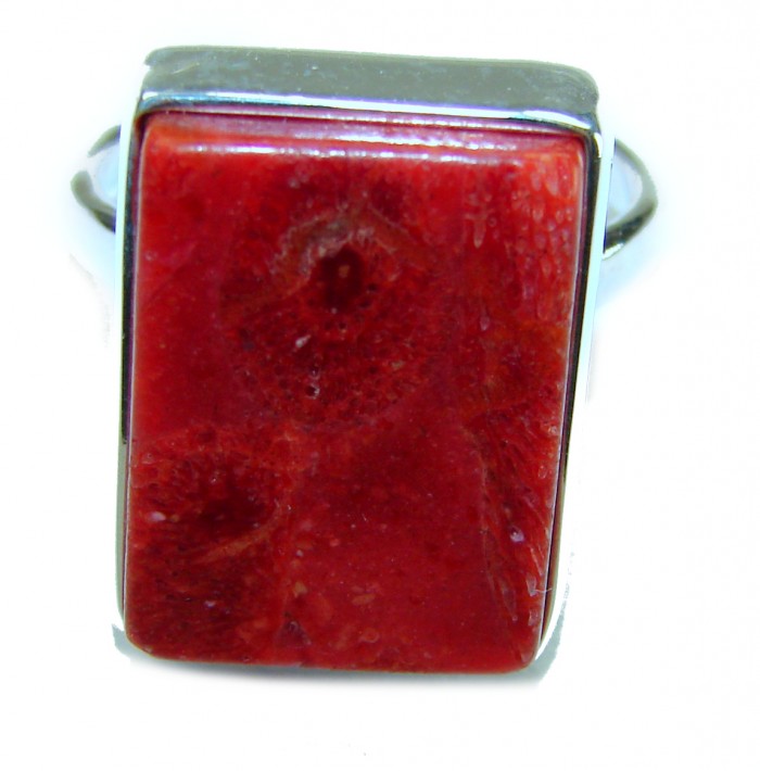 Bochic Style Natural Fossilized Coral .925 Sterling Silver handmade ring s. 10 - Close-up of Bochic fossilized coral ring in sterling silver.