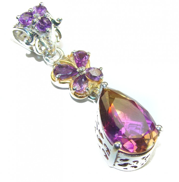 Rare baguette cut 12.5 carat authentic Ametrine 2 tones .925 Sterling Silver handmade Pendant - Ametrine pendant with floral amethyst detail, close-up view.