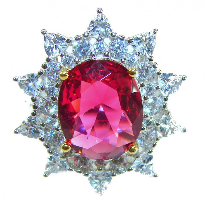 Spectacular Authentic 9.3 carat Ruby .925 Sterling Silver handmade Cocktail Ring s. 7 1/4 - Close-up of ruby surrounded by diamonds in sterling silver setting.
