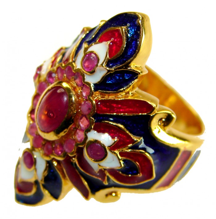 Magnificent 6.8 carat Natural Ruby Enemel 18K Gold over . 925 Sterling Silver handcrafted Statement Ring size 7 - Side view of a colorful enamel and ruby 18K gold ring.