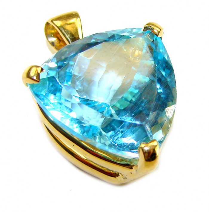 Atlantica TRILLION cut 12.9 carat Swiss Blue Topaz 18K Gold over .925 Sterling Silver Handcrafted Pendant - Swiss Blue Topaz pendant, trillion cut, 18K gold setting close-up.