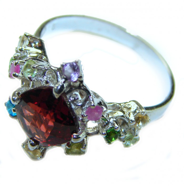 Natural 3.9 carat Ruby .925 Sterling Silver handmade Statement Ring size 6 1/4 - Sterling silver ring with ruby and gemstones, angled top view.