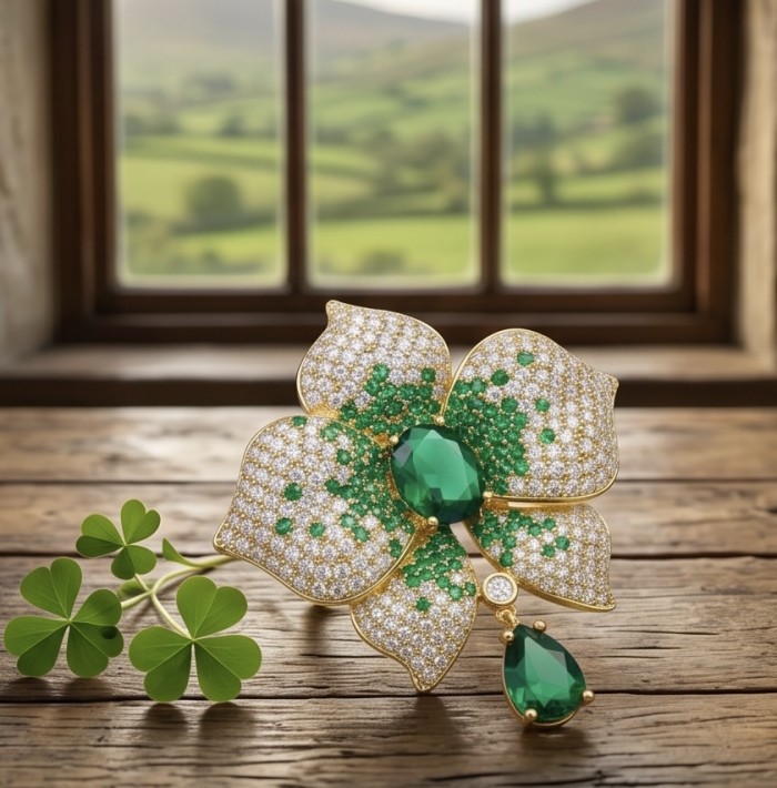 Heirloom Genuine 18.5 carat Colombian Emerald .925 Sterling Silver handmade Brooch - Emerald clover brooch on wooden table, window scene in background