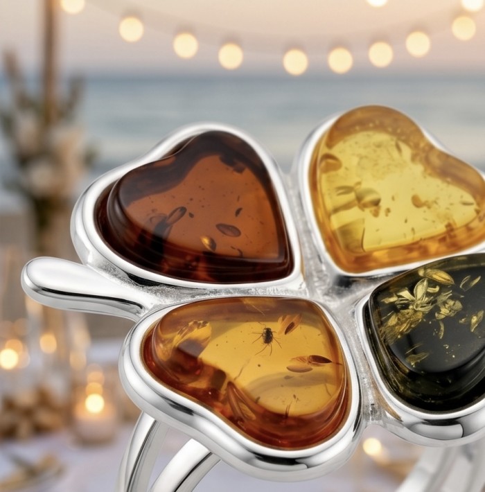Golden Flower Authentic Baltic Amber rhodium over .925 Sterling Silver handcrafted ring; s. 7 adjustable - Close-up of Baltic amber ring with heart-shaped stones.