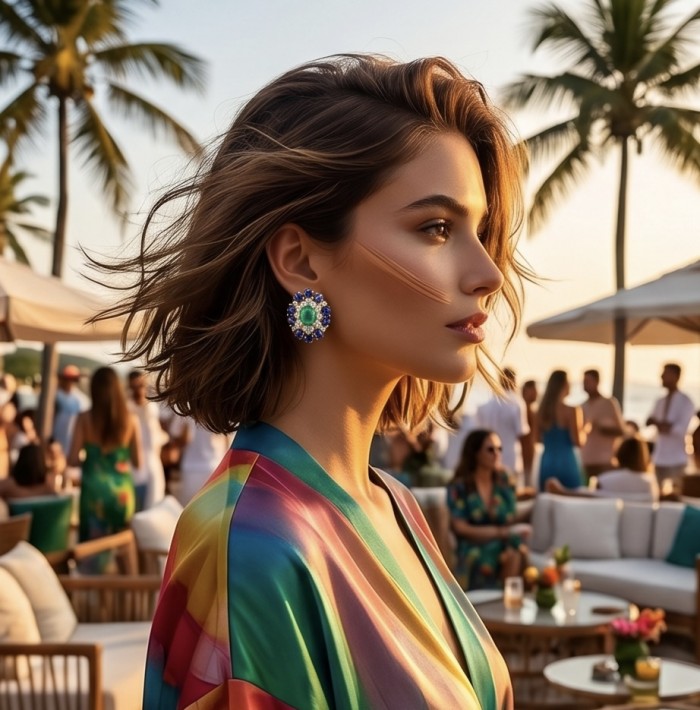 Colombian's Brilliance - emerald cut 4.7 carat Colombian Emerald 18K Gold over .925 Sterling Silver handcrafted earrings - Side view of woman wearing colorful earrings with emerald center.