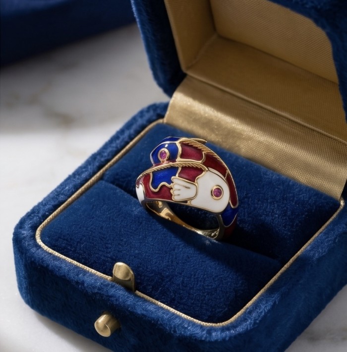 Luxurious Two Fishes Natural Ruby Enamel 18K Gold over .925 Sterling Silver Huge handcrafted Ring s. 7 - Two fishes ring in blue box, side angle, ruby enamel, 18K gold.