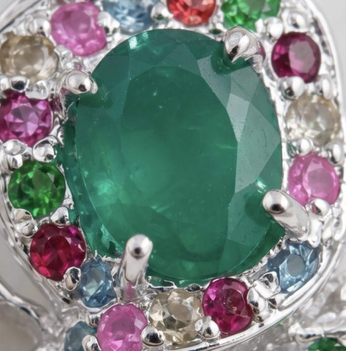 Stella - Very Unique authentic 4.9 carat Jade .925 Sterling Silver handcrafted pendant - Stone close-up of colorful gemstone ring with jade centerpiece.